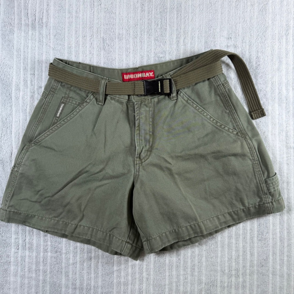 Vtg Unionbay Belted Cargo Shorts Women Size 3 Green Utility Gorpcore Y2K Hi Rise
